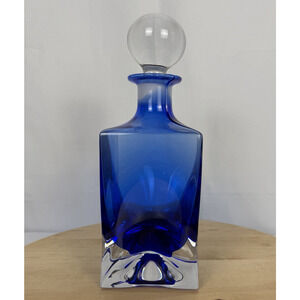 Vintage Mid Century Modern Heavy Glass Decanter Blue Ground Stopper 10.75 in MCM